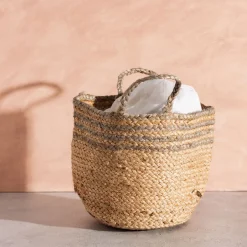 Grey Stripe Jute Storage Basket