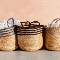 Grey Stripe Jute Storage Basket