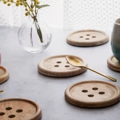 Wooden Brown Button Coaster - Set of 6