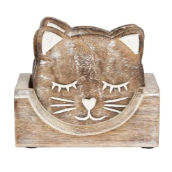 Wooden Brown Carved Cat Coaster - Set of 6