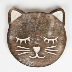 Wooden Brown Carved Cat Coaster - Set of 6