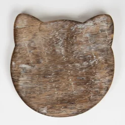 Wooden Brown Carved Cat Coaster - Set of 6