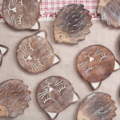 Wooden Brown Carved Cat Coaster - Set of 6